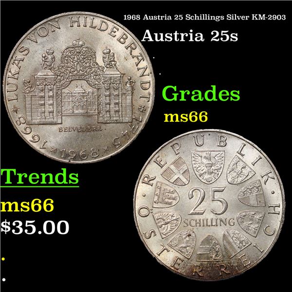 1968 Austria 25 Schillings Silver KM-2903 Grades GEM+ Unc