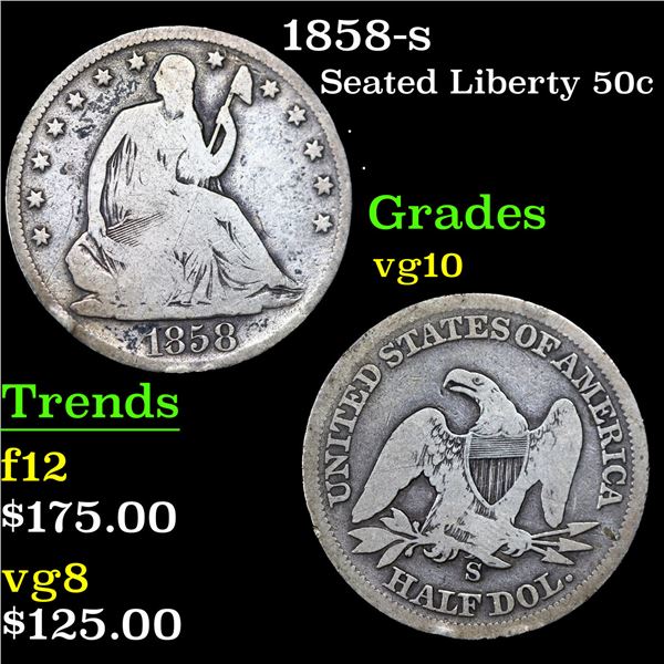 1858-s Seated Half Dollar 50c Grades vg+