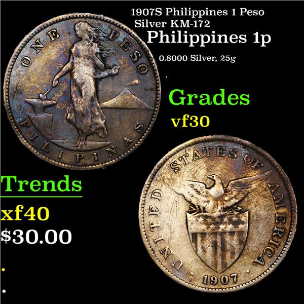 1907S Philippines 1 Peso Silver KM-172 Grades vf++