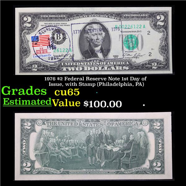 1976 $2 Federal Reserve Note 1st Day of Issue, with Stamp (Philadelphia, PA) Grades Gem CU