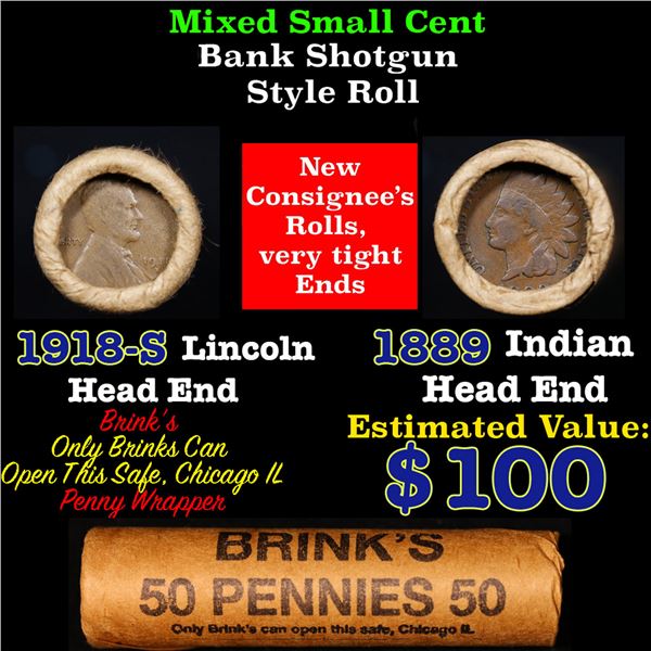 Mixed small cents 1c orig shotgun roll, 1918-S Wheat Cent, 1889 Indian Cent other end, Brinks Wrappe