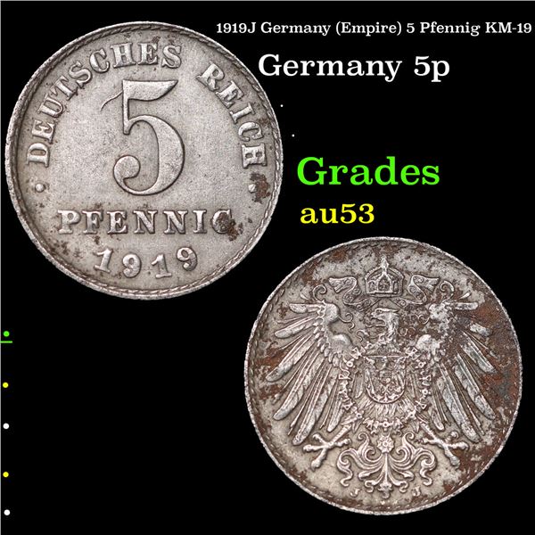 1919J Germany (Empire) 5 Pfennig KM-19 Grades Select AU