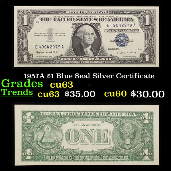 1957A $1 Blue Seal Silver Certificate Grades Select CU