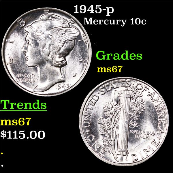 1945-p Mercury Dime 10c Grades GEM++ Unc