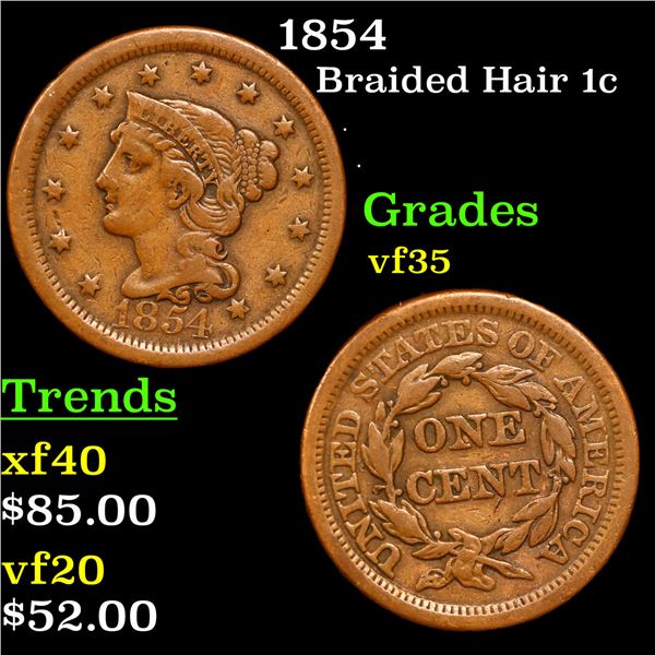 1854 Braided Hair Large Cent 1c Grades vf++