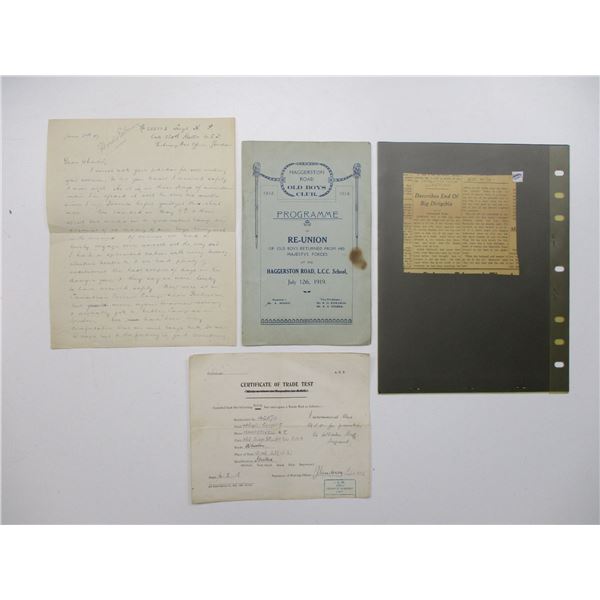 WWI / POST-WWI LETTER TO HOME, CERTIFICATE OF TRADE, ETC., LOT