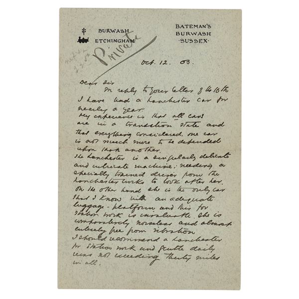 Rudyard Kipling Autograph Letter Signed on Car