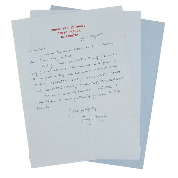 Evelyn Waugh (2) Autograph Letters Signed and Signature