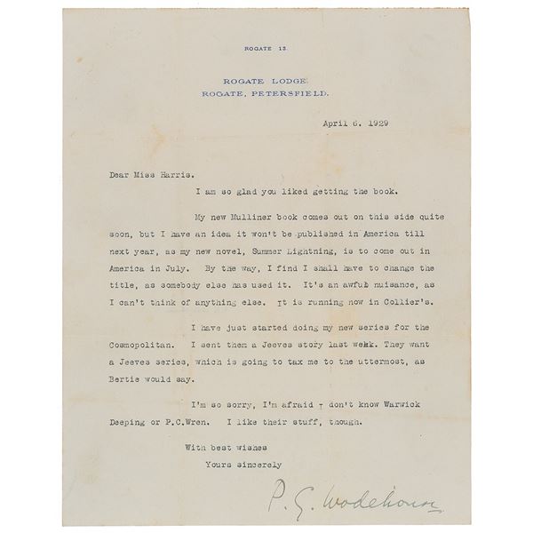 P. G. Wodehouse Typed Letter Signed