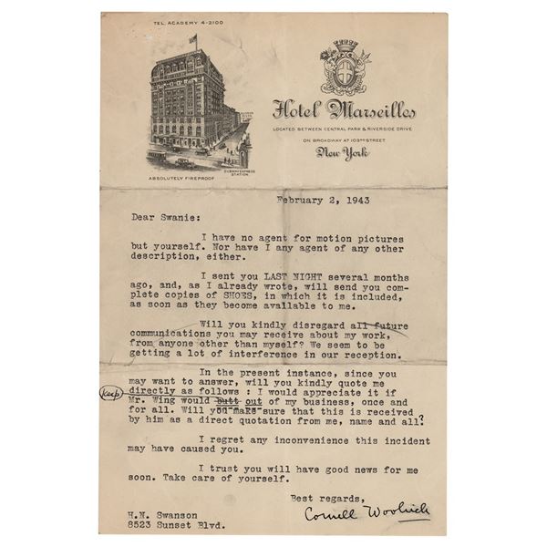 Cornell Woolrich Typed Letter Signed