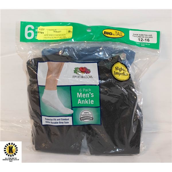 BLACK ANKLE SOCKS,SIZE 12-16,6-PACK,FRUIT OF THE