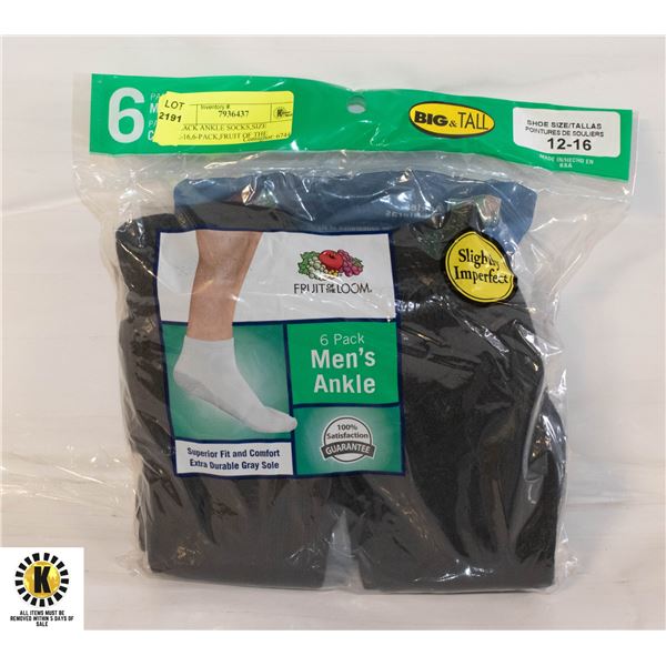 BLACK ANKLE SOCKS,SIZE 12-16,6-PACK,FRUIT OF THE