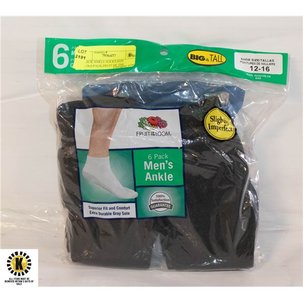 BLACK ANKLE SOCKS,SIZE 12-16,6-PACK,FRUIT OF THE