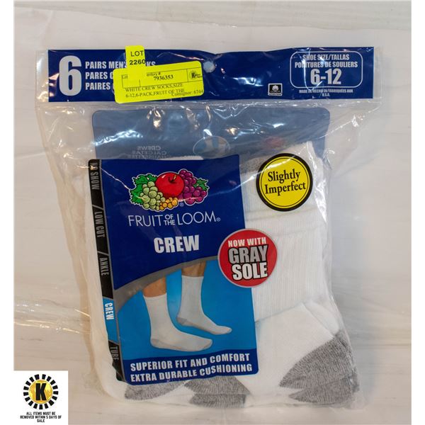 WHITE CREW SOCKS,SIZE 6-12,6-PACK,FRUIT OF THE