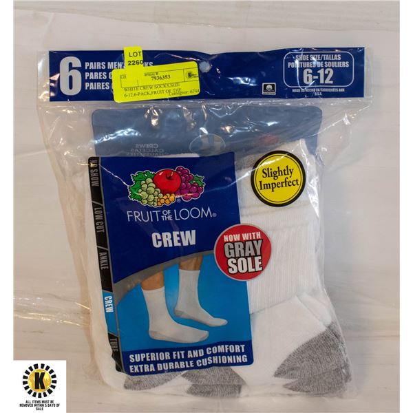 WHITE CREW SOCKS,SIZE 6-12,6-PACK,FRUIT OF THE