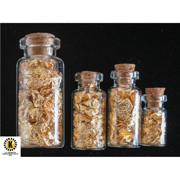 LOT OF 4 GOLD FOIL FLAKES IN GLASS BOTTLES