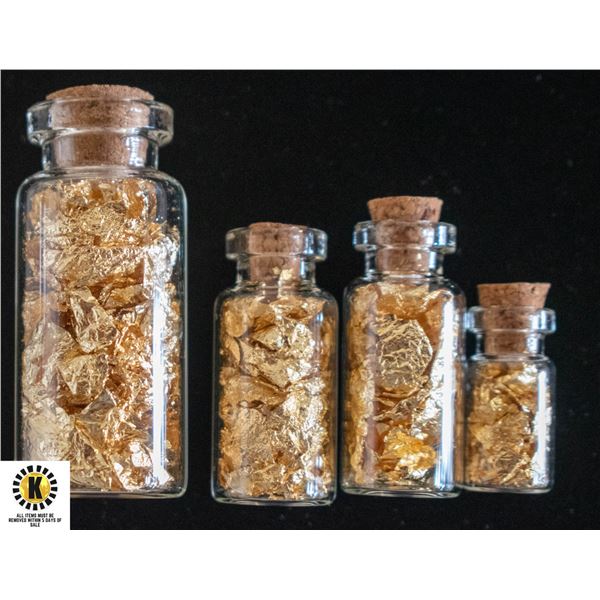 LOT OF 4 GOLD FOIL FLAKES IN GLASS BOTTLES