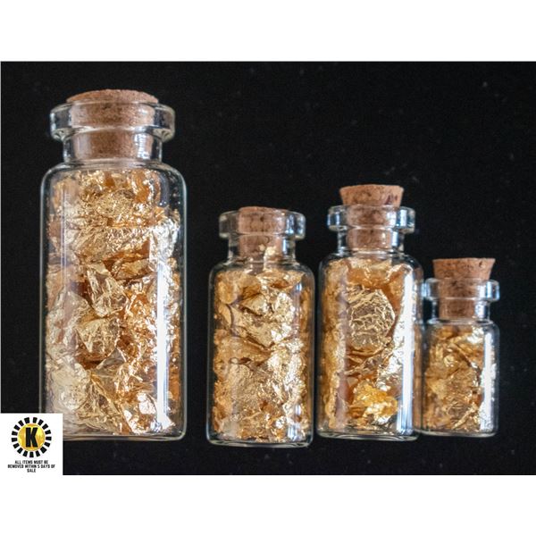 LOT OF 4 GOLD FOIL FLAKES IN GLASS BOTTLES