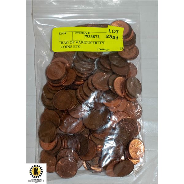 BAG OF VARIOUS OLD WORLD COINS ETC.