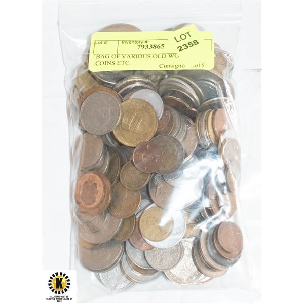 BAG OF VARIOUS OLD WORLD COINS ETC.