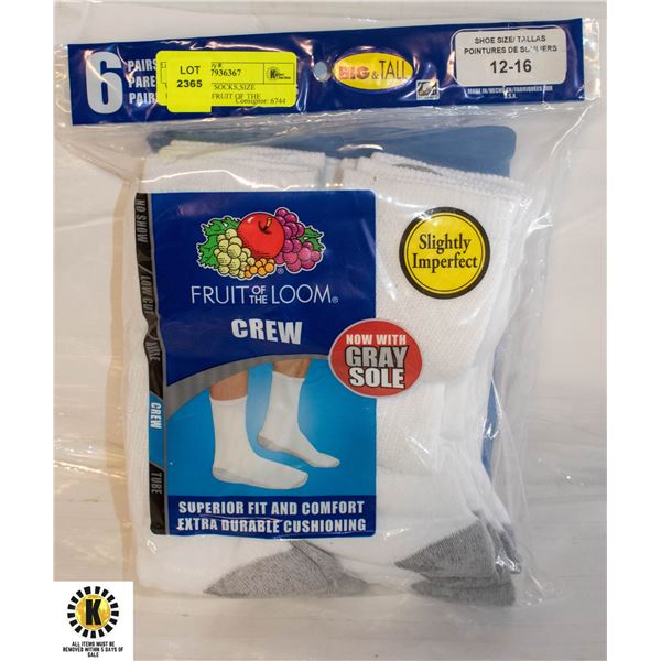 WHITE CREW SOCKS,SIZE 12-16,6-PACK,FRUIT OF THE