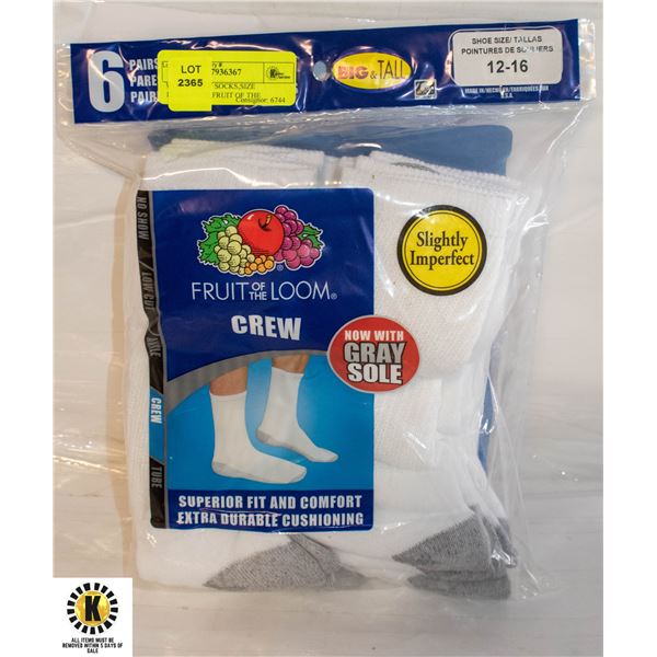 WHITE CREW SOCKS,SIZE 12-16,6-PACK,FRUIT OF THE