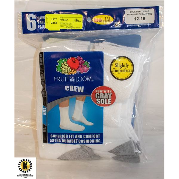 WHITE CREW SOCKS,SIZE 12-16,6-PACK,FRUIT OF THE