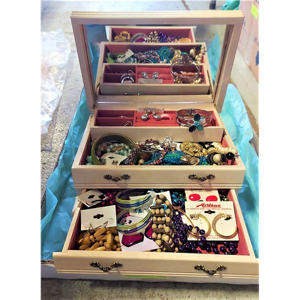 SOLID WOOD JEWELRY BOX WITH CONTENTS