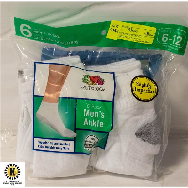 ANKLE SOCKS WHITE,SIZE 6-12,6-PACK,FRUIT OF THE