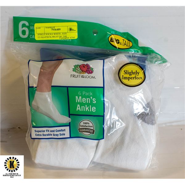 ANKLE SOCKS WHITE ,SIZE 12-16,6-PACK,FRUIT OF THE