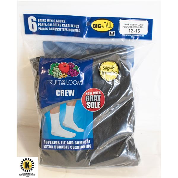 BLACK CREW SOCKS ,SIZE 12-16,6-PACK,FRUIT OF THE