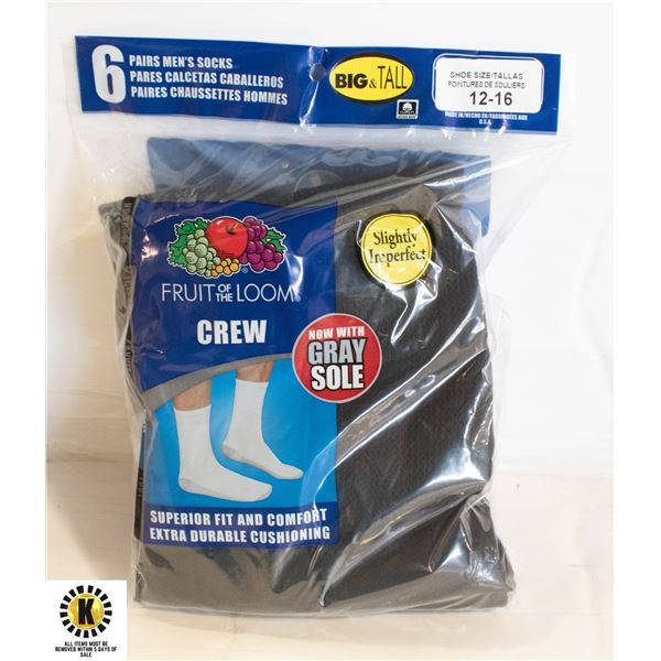 BLACK CREW SOCKS ,SIZE 12-16,6-PACK,FRUIT OF THE