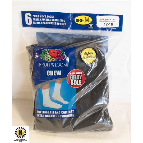 BLACK CREW SOCKS ,SIZE 12-16,6-PACK,FRUIT OF THE