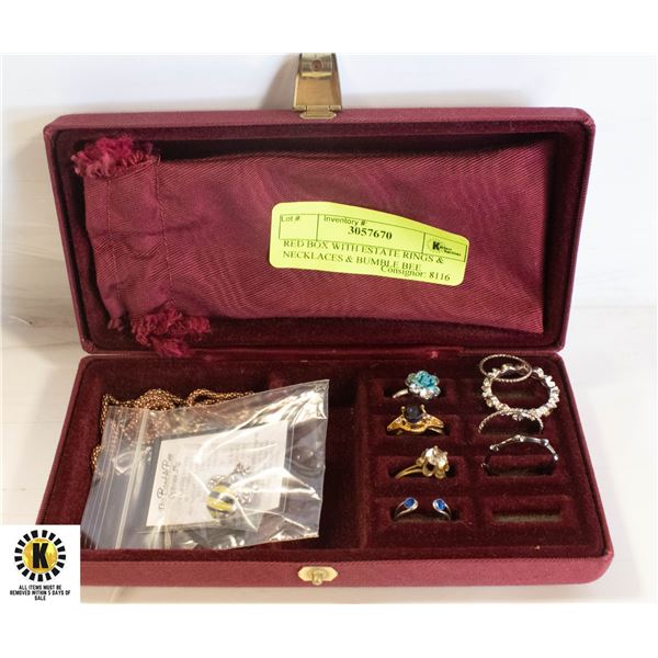 RED BOX WITH ESTATE RINGS & NECKLACES & BUMBLE BEE