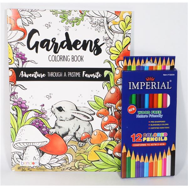 NEW GARDENS COLORING BOOK WITH PENCIL CRAYONS