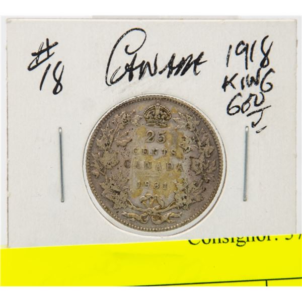 1918 CANADIAN KING GEORGE SILVER QUARTER