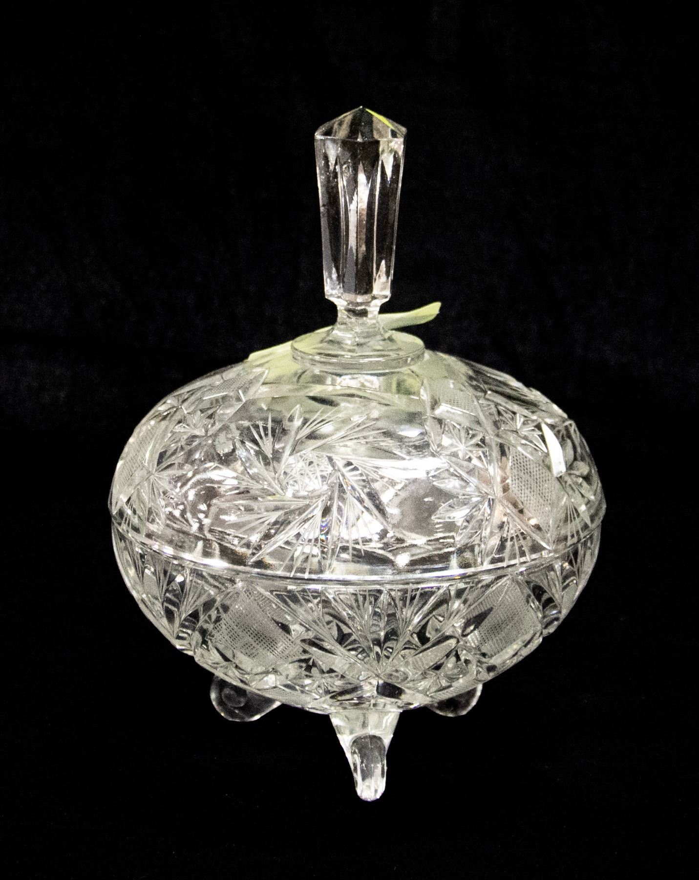 PINWHEEL CRYSTAL FOOTED CANDY DISH W/ LID