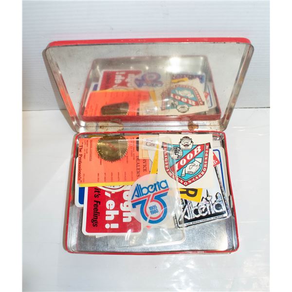 COOKIE TIN WITH VINTAGE STICKERS