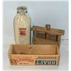 MILK BOTTLE 9" DUTCHMEN DAIRY, WOODEN CHEESE BOX +