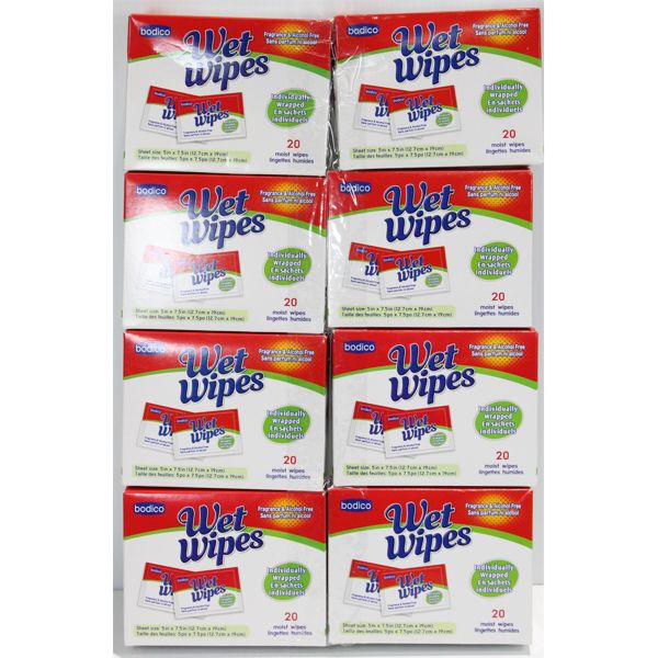 8 PACKS OF BODICO WET WIPES, 20/PACK