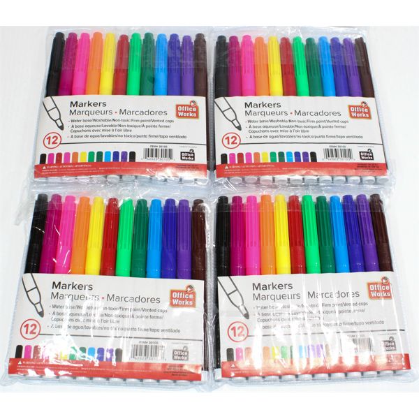 4 OFFICE WORKS MARKER SETS, 12 COLORS/PACK