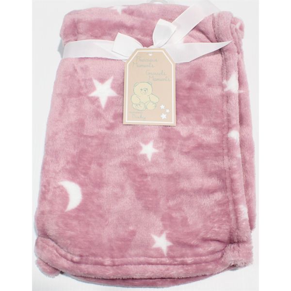 PRECIOUS MOMENTS FLEECE PINK W/STARS BABY BLANKET