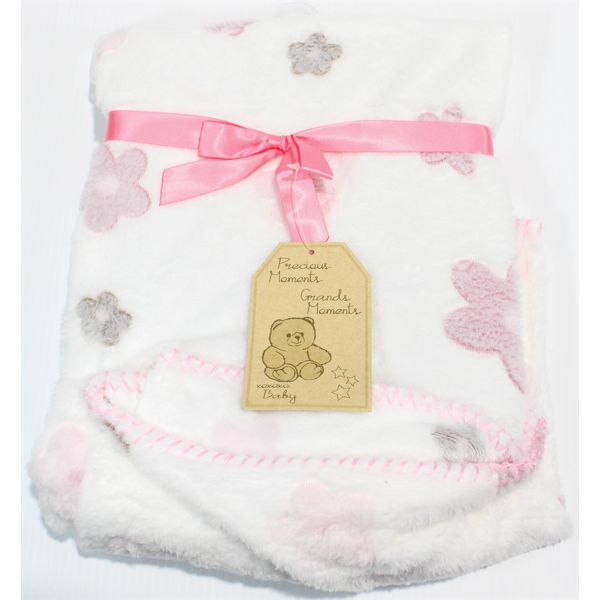 PRECIOUS MOMENTS FLEECE PINK/WHITE BABY BLANKET