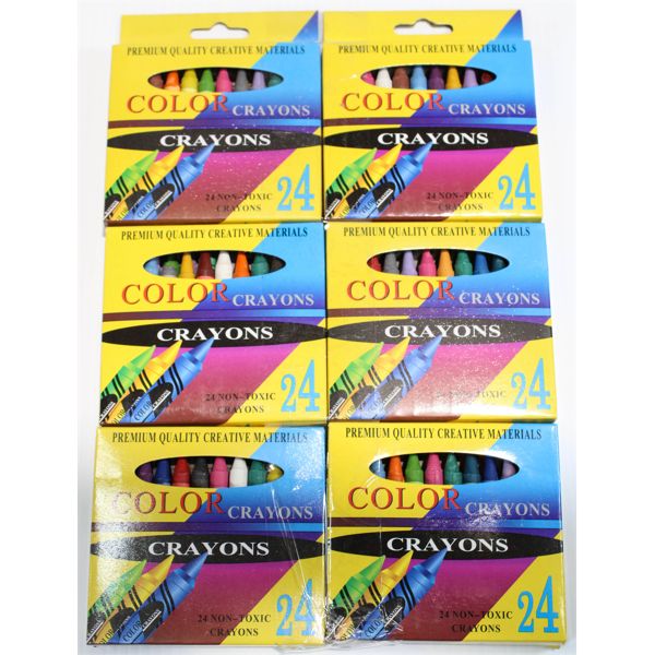 6 BOXES OF COLORED CRAYONS, 24 COLORS PER BOX