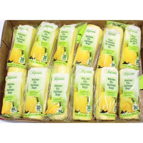 12 PACKS OF 30 LEMON SCENTED GARBAGE BAGS 