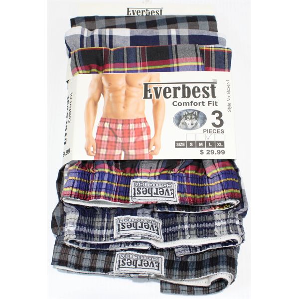 3 EVERBEST COMFORT FIT BOXER SHORTS, LARGE 