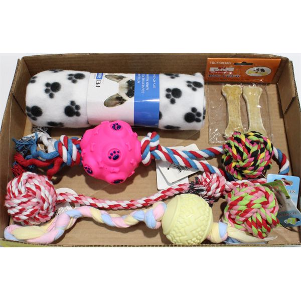 ASSORTED DOG TOYS/TREATS AND BLANKET