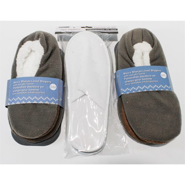 1 SPA SLIPPERS, 2 MENS SHERPA LINED SLIPPERS