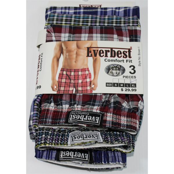 3 PAIRS EVERBEST PLAID BOXERS, SIZE XL