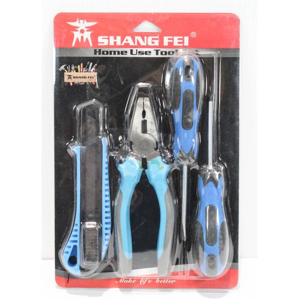 4 PIECE TOOL SET, BOX CUTTER, 2 SCREWDRIVERS, PLIERS